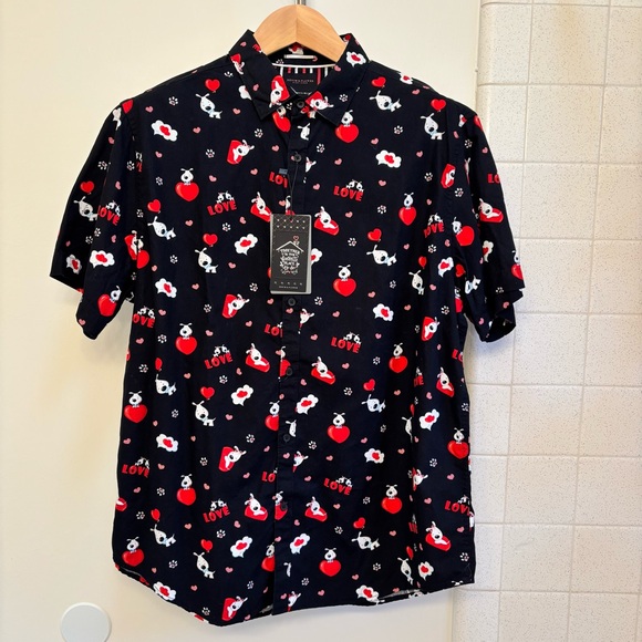 Denim & Flower Other - Denim & Flower Men’s Black Shirt with Hearts Puppy Dogs Love XL NWT